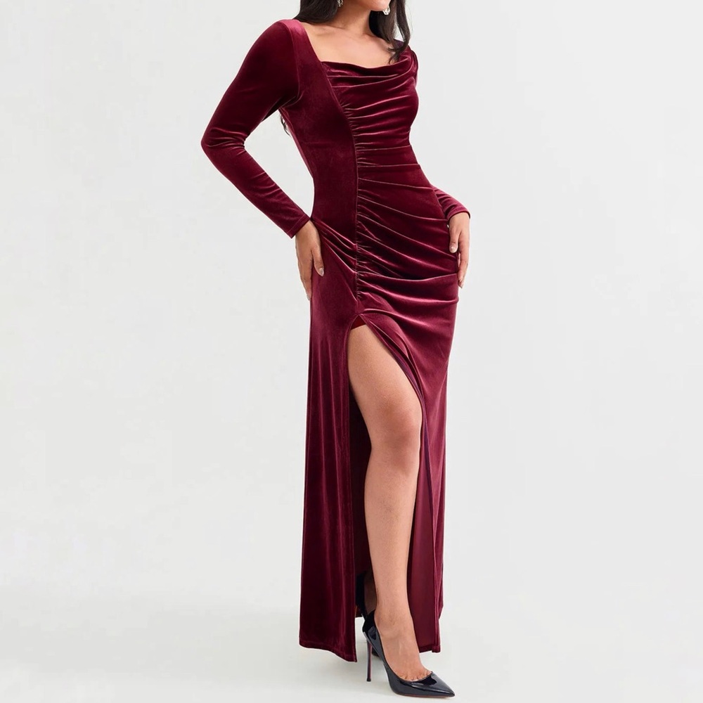 Popilush Red Velvet Draped Long Sleeve Sculpting Column Gown Maxi Dress XL NWT